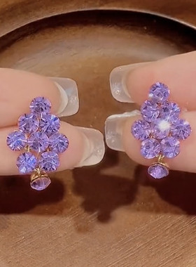 超仙紫色水晶菱形耳环女小众设计感轻奢百搭锆石银针耳钉气质耳饰
