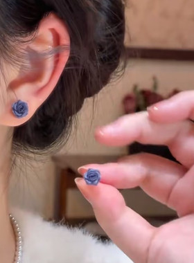 925银针烟雾紫色玫瑰花朵耳钉女小众设计感气质百搭耳环气质耳饰