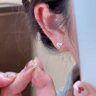 S999足银爱心耳线女简约气质小众设计纯银耳链睡觉不用摘耳环耳饰