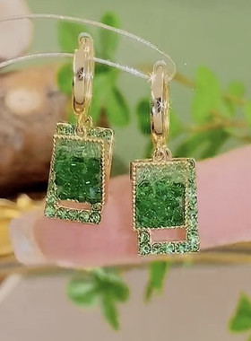 绿色水晶闪钻长方形耳环925银针韩国气质轻奢高级感耳坠时尚耳饰