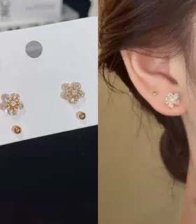 s925银针耳饰小众设计感精致锆石花朵四件套耳钉轻奢气质百搭耳环