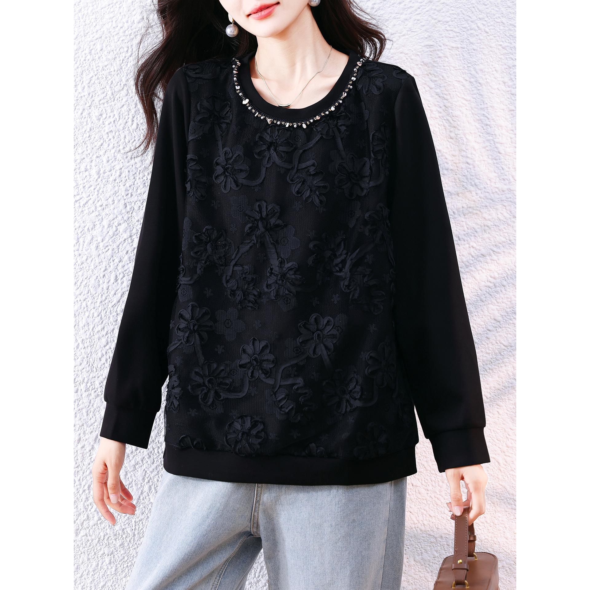 ROUMIKL时尚黑色提花圆领套头卫衣女士秋装长袖大码宽松休闲洋气