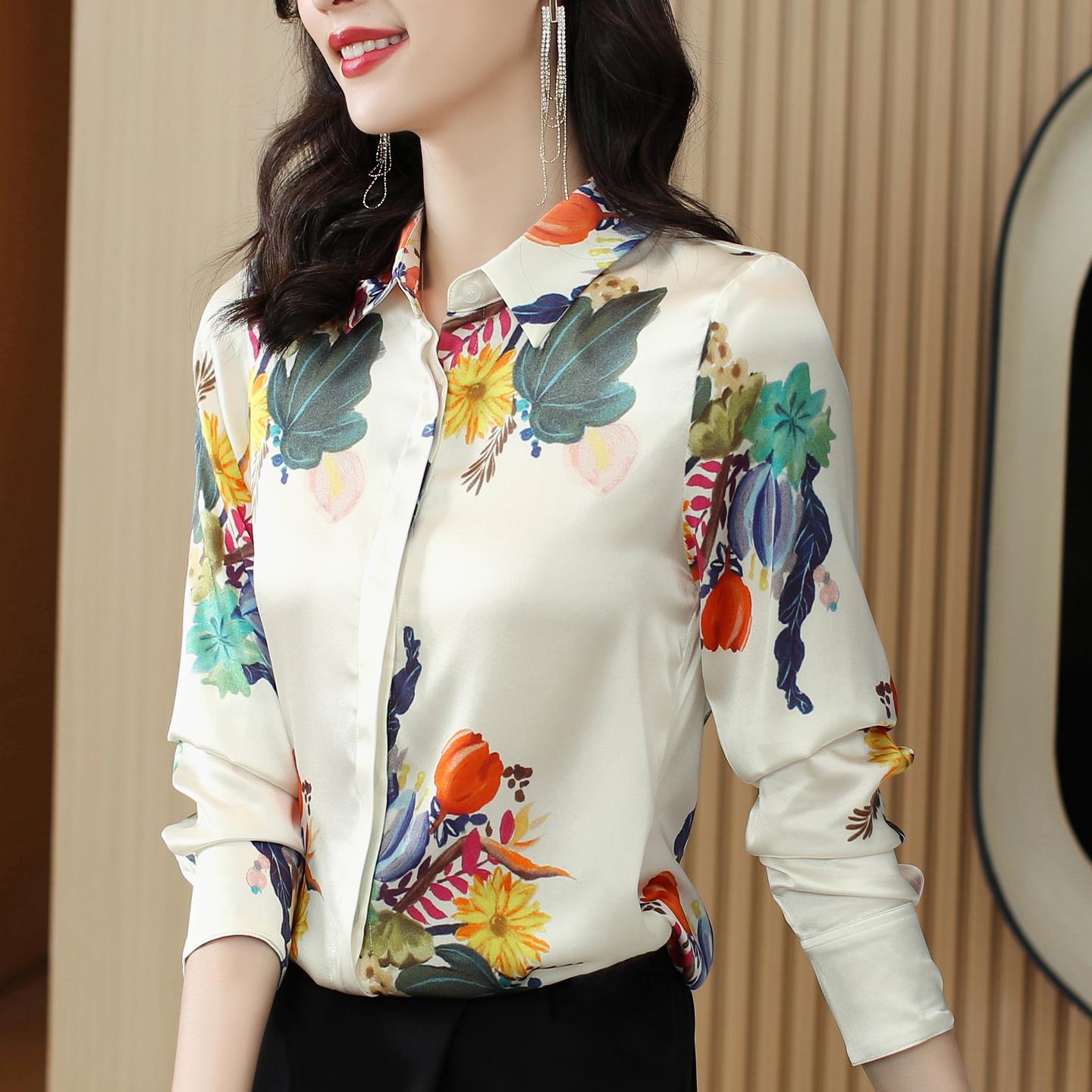 ROUMIKL高级感印花长袖衬衫女秋装百搭气质休闲衬衣减龄洋气妈妈