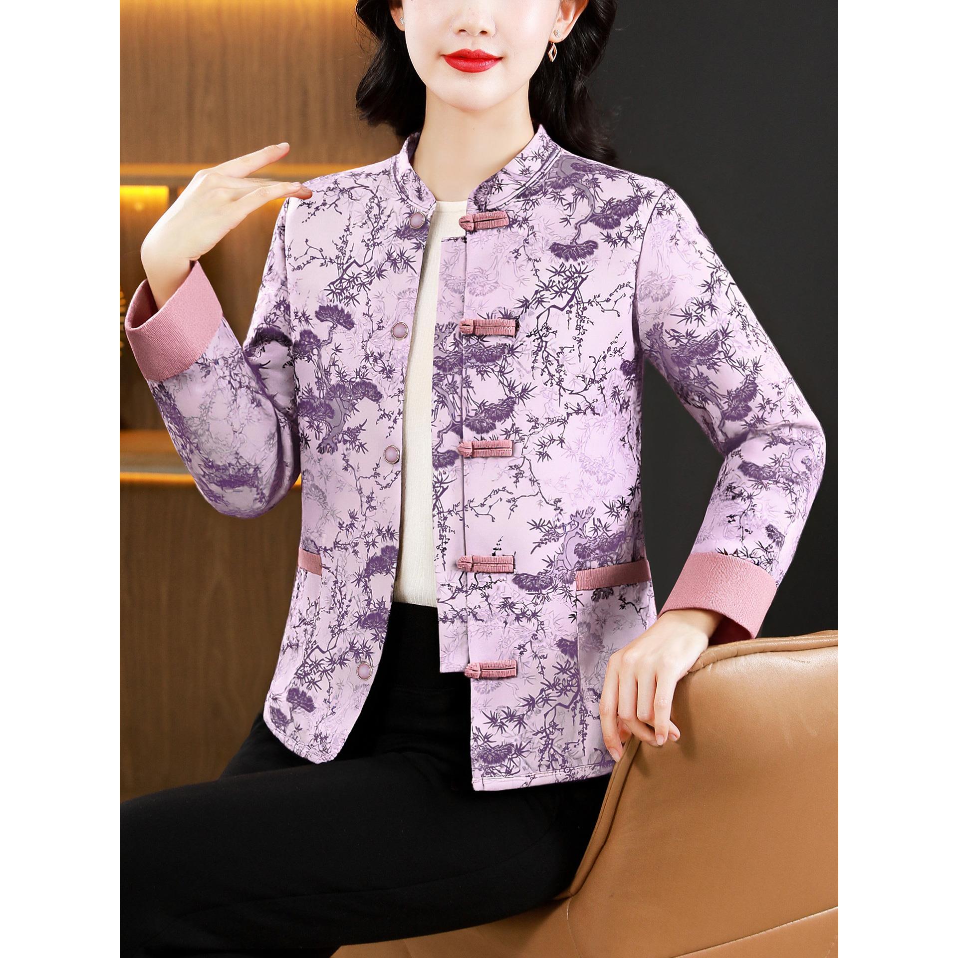 ROUMIKL国风盘扣衣短外套女士秋冬磨毛加厚碎花服中老年妈妈保暖