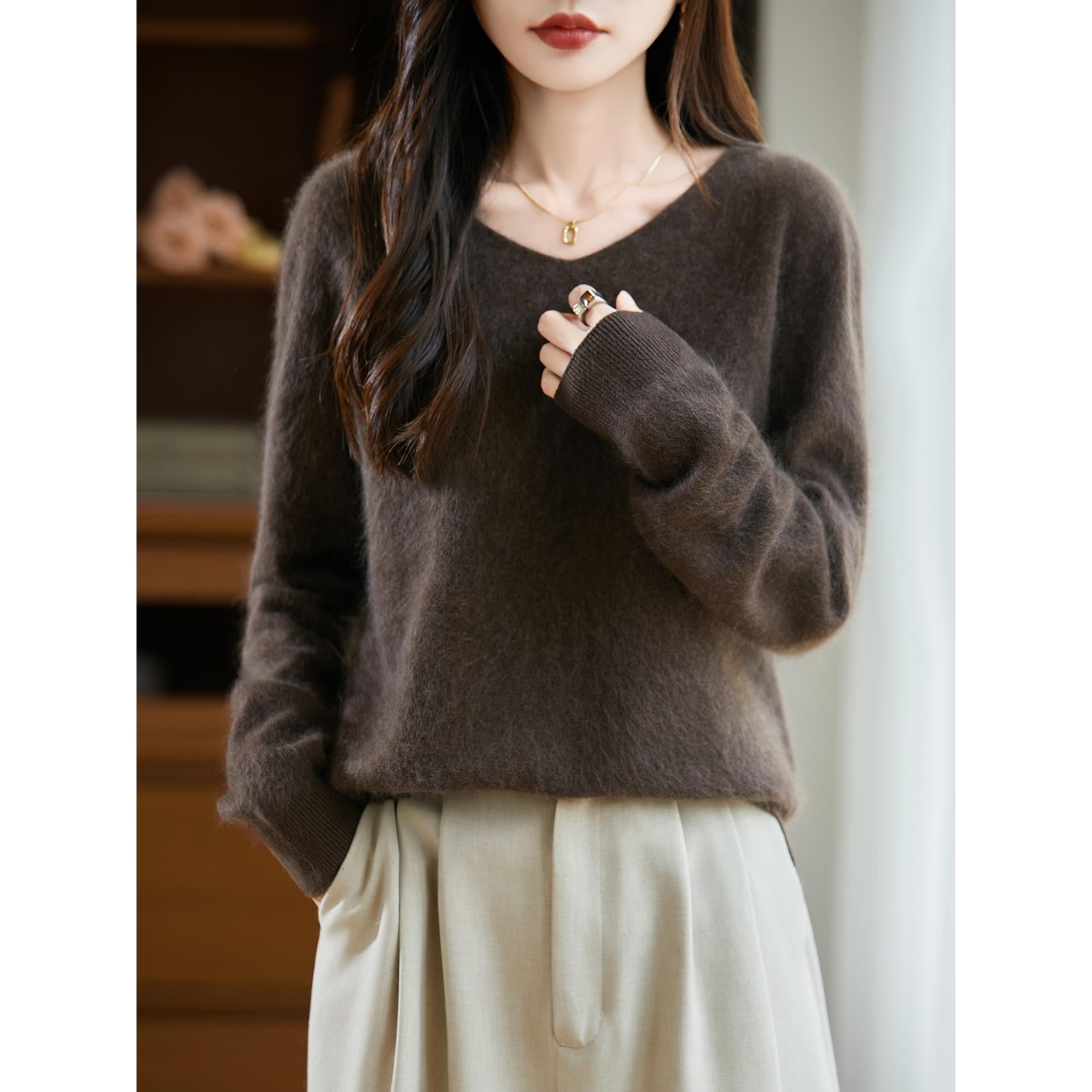 ROUMIKL拉绒纯衫女V领韩系宽松长袖保暖毛衣2025新款宽松慵懒打底