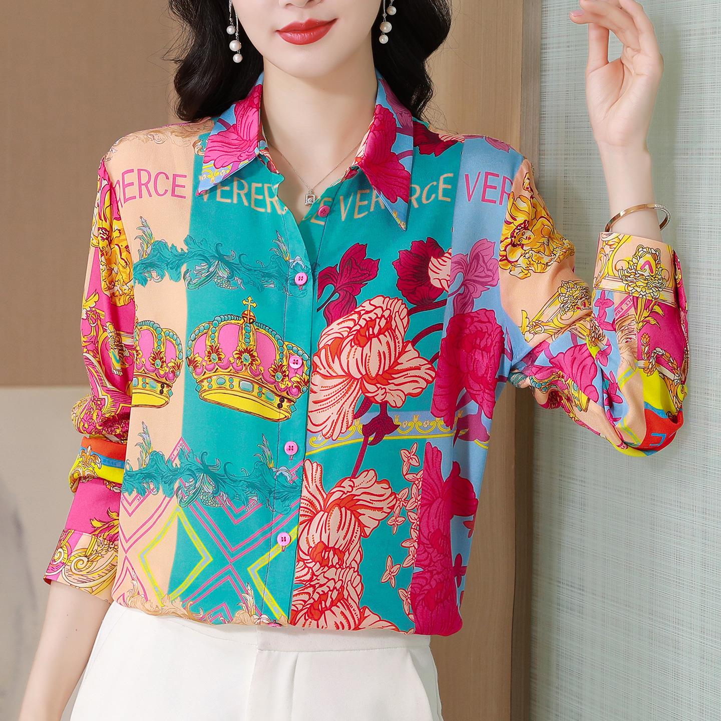 ROUMIKL设计感小众时尚印花长袖衬衫女秋装别致洋气衬衣减龄休闲