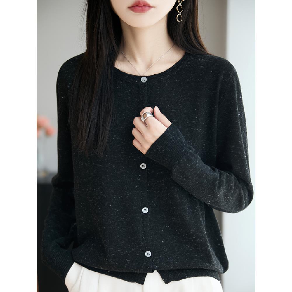 ROUMIKL点子纱圆领针织开衫女细腻精纺软糯长袖春秋万能百搭叠穿