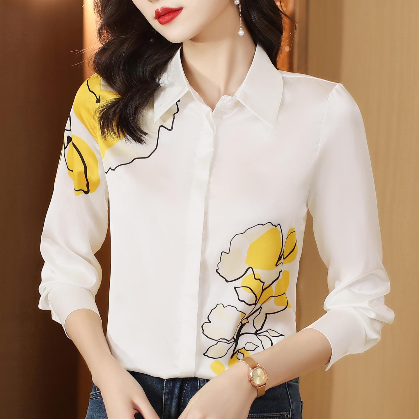 ROUMIKL高级感时尚印花长袖衬衫女秋装新款气质显瘦衬衣减龄洋气
