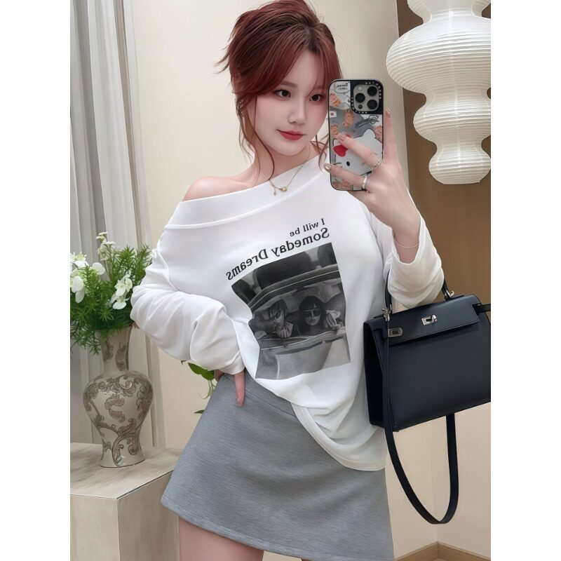 日系cherrykoko色宽松版t恤女款字母一字领露肩防晒长袖不规则