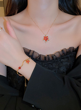 日系chrry koop电镀锆石枫叶项链套装秋冬时尚复古轻奢锁骨链