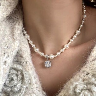 曼塔玫瑰方钻施家珍珠项链女轻奢小众高级感颈链毛衣链气质锁骨链