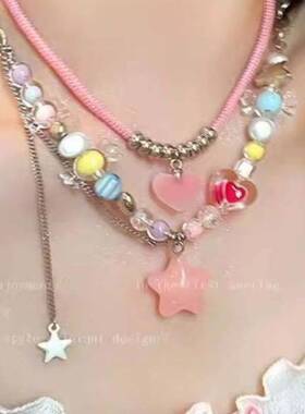 多巴胺粉色爱心双层叠戴项