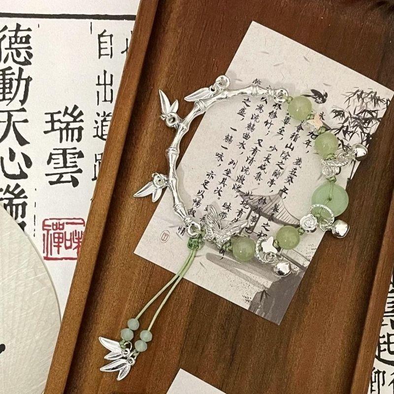 新中式森系儿童绿色竹节蝴蝶串珠手链女生古风小众手串高颜值手D3