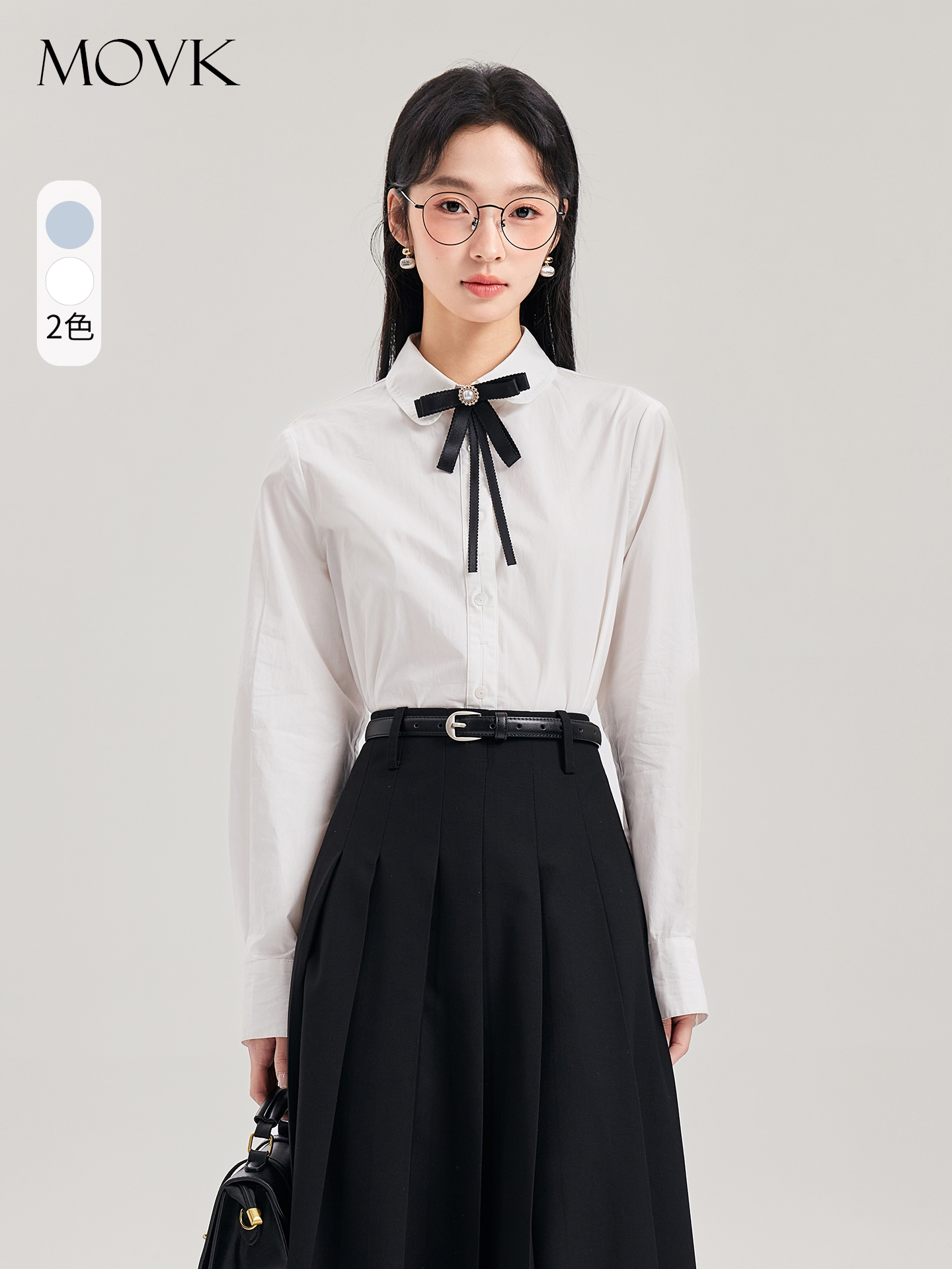 movk白色衬衫女士独特上衣长袖考公面试纯棉高级减龄法式圆领衬衣