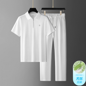 (天丝亚麻)夏季中年男士高档时尚套装薄款休闲透气商务百搭两件套