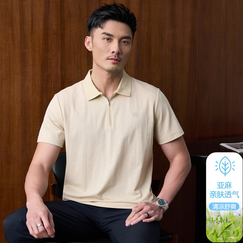 (天丝亚麻棉)夏季超薄款商务男士POLO衫翻领纯色拉链亲肤透气短袖