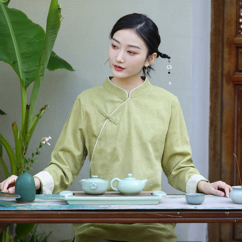 提花中长款改良立领斜襟禅意茶服