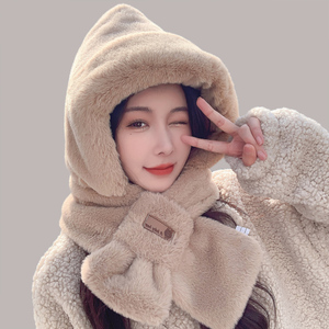 围巾帽子一体秋冬季保暖毛绒加厚彷兔毛可爱护耳帽子2022年爆款女