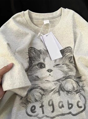 外贸原单正品尾货清仓~美式港风宽松半袖猫咪上衣男女夏季短袖t恤