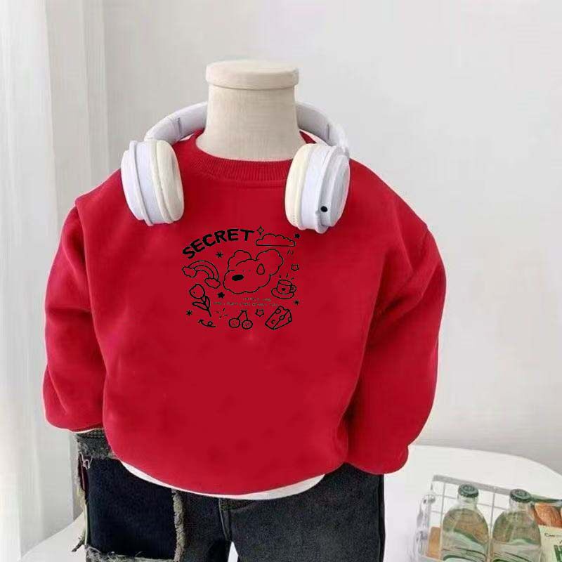 儿童加绒卫衣男童新款红色套头衫宝宝过年加厚保暖帅气时尚上衣