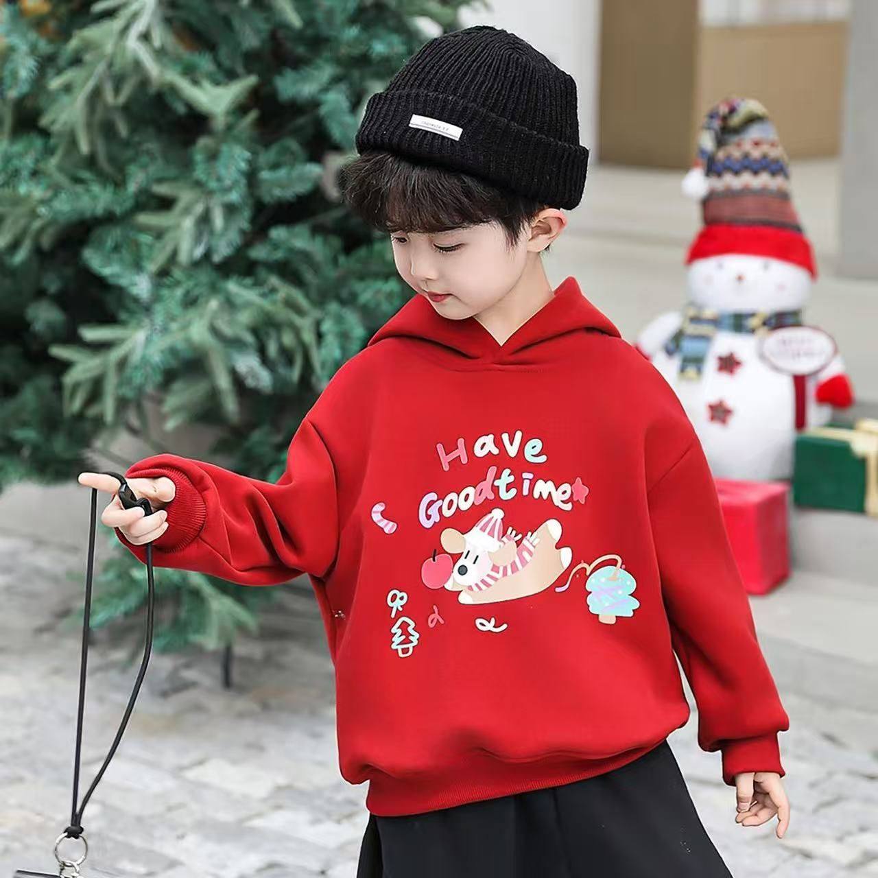 男童红色卡通印花连帽卫衣宝宝冬季加绒加厚保暖上衣儿童拜年服