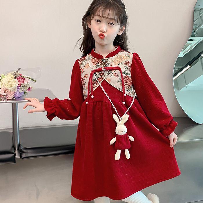 红色公主裙儿童冬季甜美春节款短裙子2024拜年服儿童宫廷风连衣裙