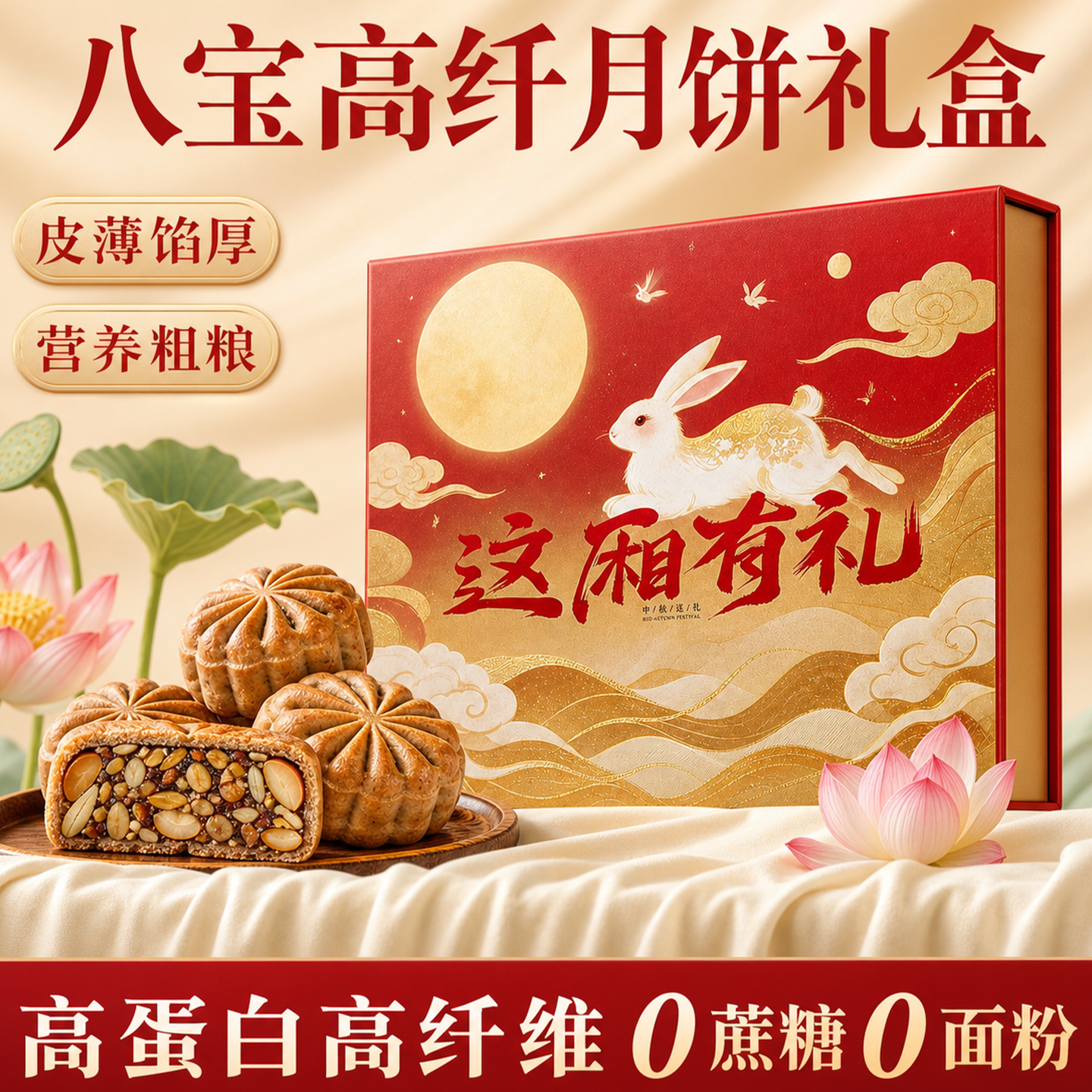 八宝高纤月饼无面粉无加蔗糖粗粮健康代餐老式中秋点心月饼礼盒