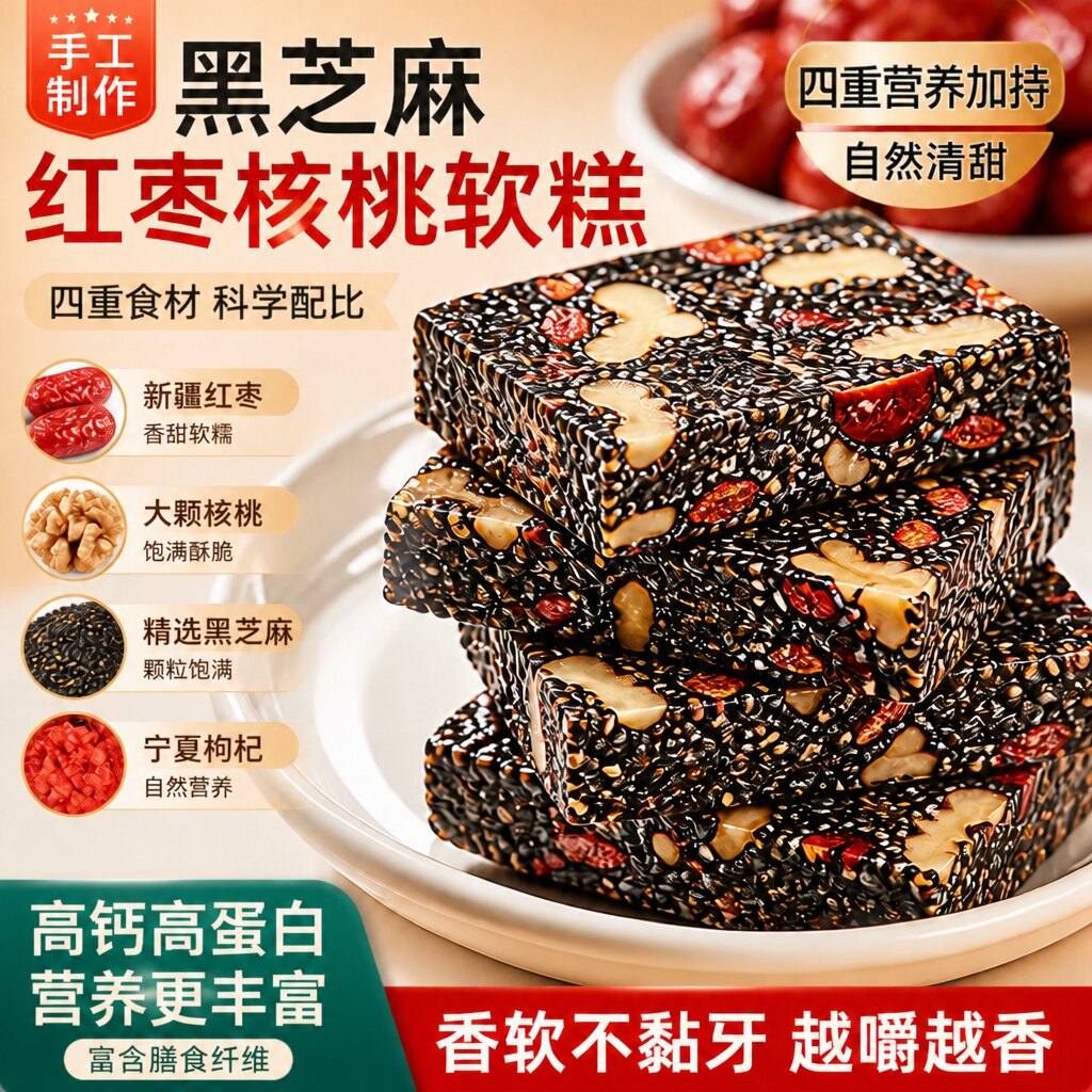核桃黑芝麻软糕枸杞红枣玫瑰切糕坚果手工传统糕点各种健康小零食