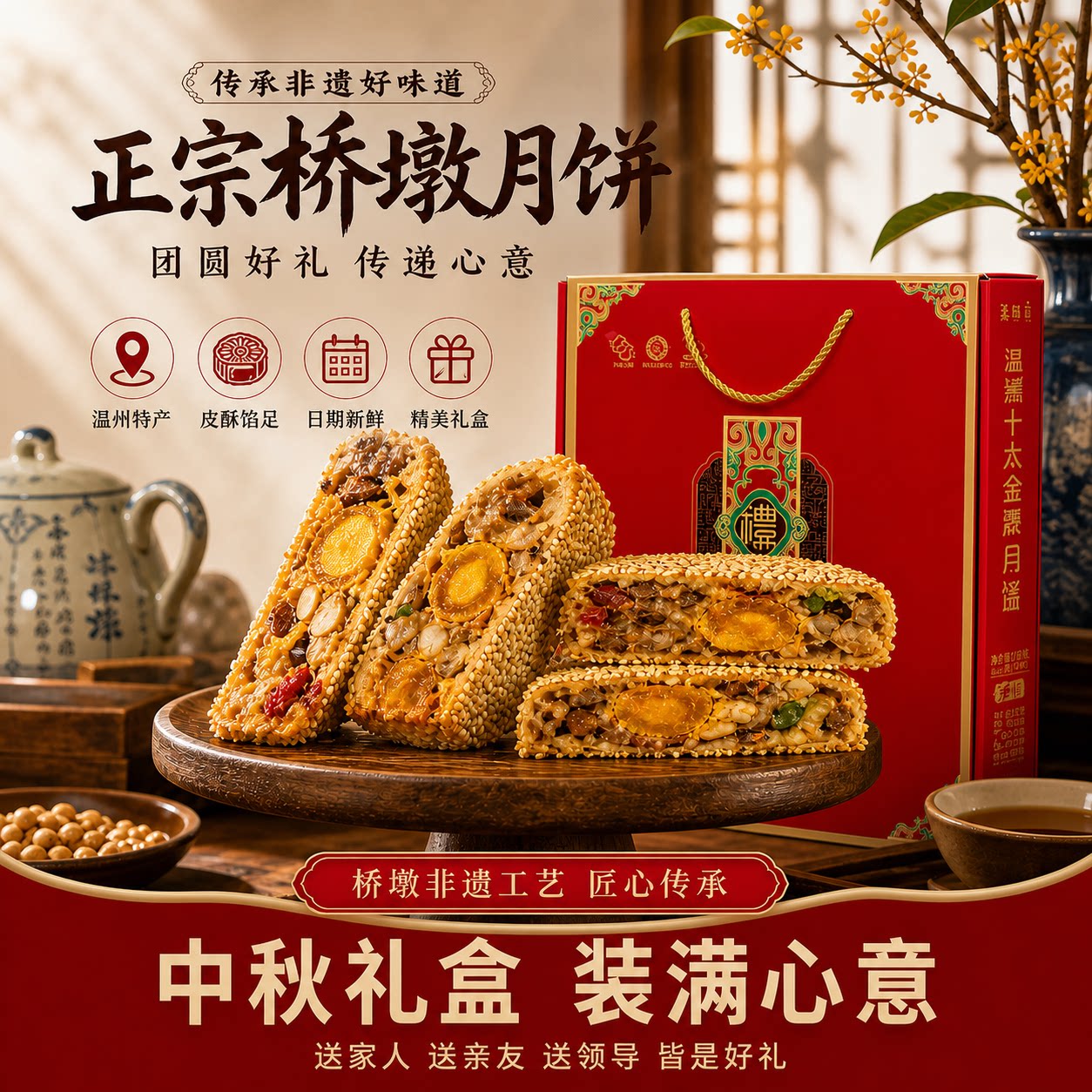 桥墩大月饼温州特产橋墩饼传统糕点鲜肉蛋黄肉松月饼中秋礼盒送人