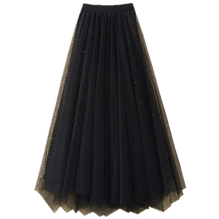 2026春夏新款亮闪闪两面穿网纱不规则百褶小个子裙子长裙女半身裙
