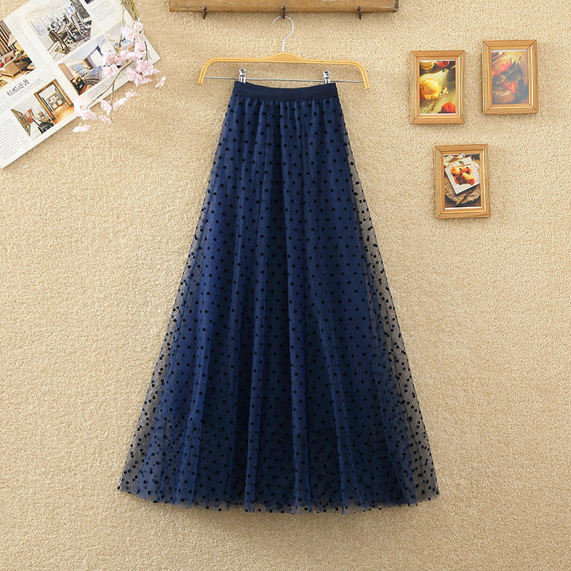 春夏新款高腰显瘦仙女长裙植绒波点A字裙大摆纱裙中长款半身裙女