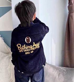 男童男宝宝猿猴刺绣字母灯芯绒外套秋冬款日版儿童翻领夹克衫上衣