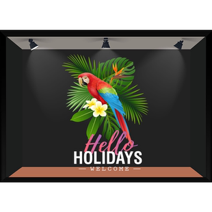 热带风情海报贴画创意鹦鹉欢迎光临度假酒店景区门贴玻璃静电贴纸