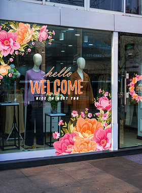 春季橱窗spring情人节妇女节welcome网红餐厅装饰花纹角边月季贴