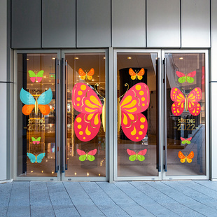 春天蝴蝶玻璃门装饰贴膜超大静电彩色春季橱窗开春布置场景气氛贴