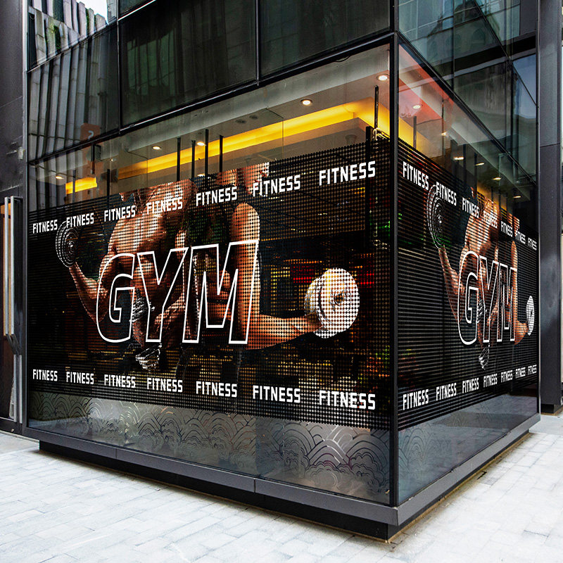 健身房腰线广告玻璃贴膜圆点网状半透橱窗静电底纹GYM俱乐部装饰