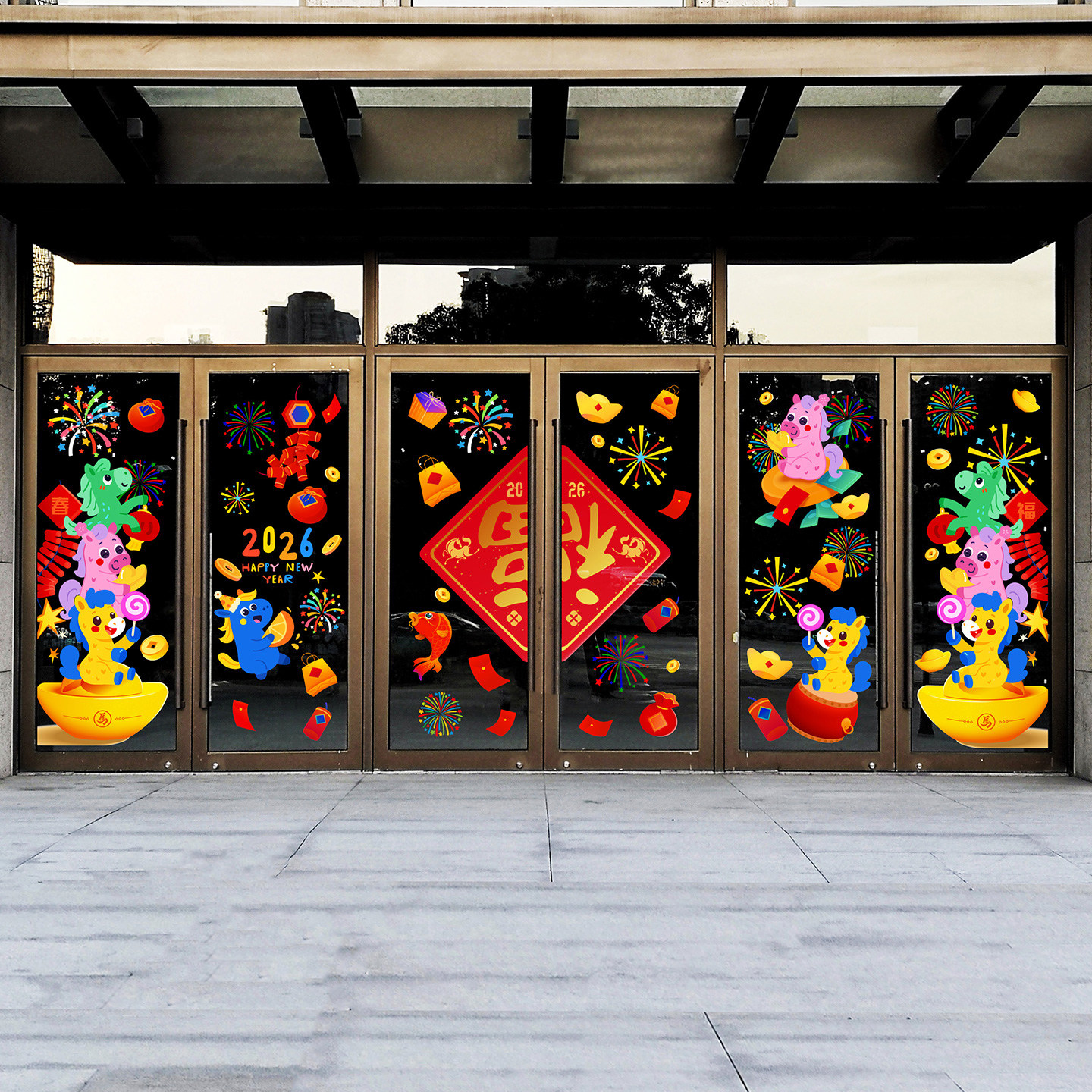 大型尺寸商场展厅玻璃门马年氛围