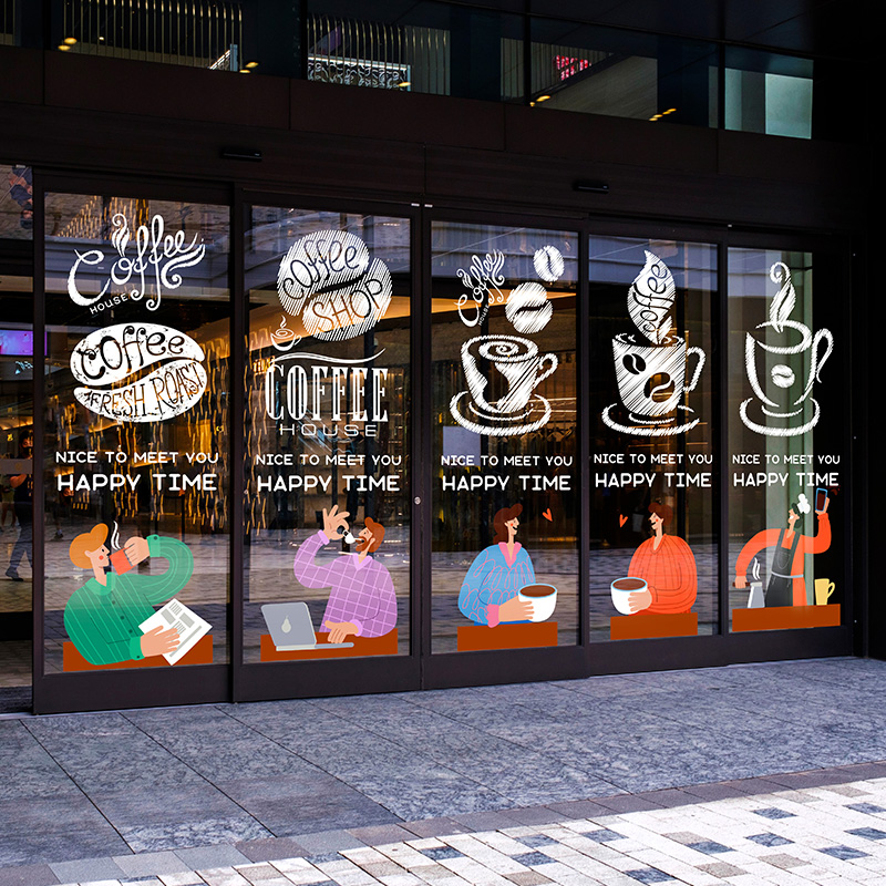 咖啡店时尚插画玻璃门贴膜COFFEE创意静电装饰免交西餐厅门头美化图片