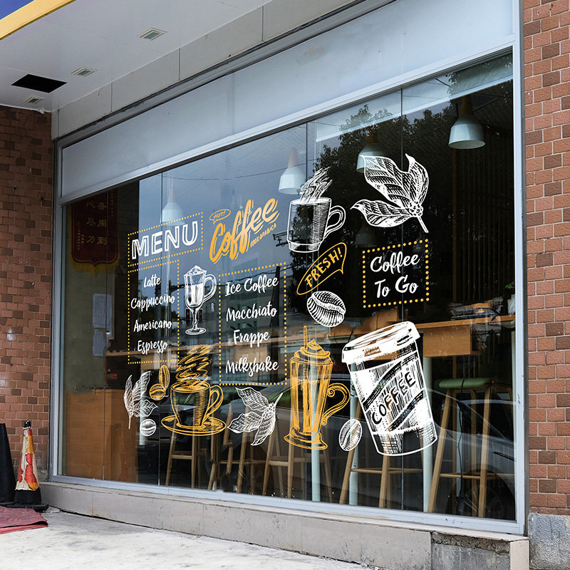 咖啡店菜单玻璃贴艺术设计工业风粉笔手绘白色咖啡店醒目橱窗静电