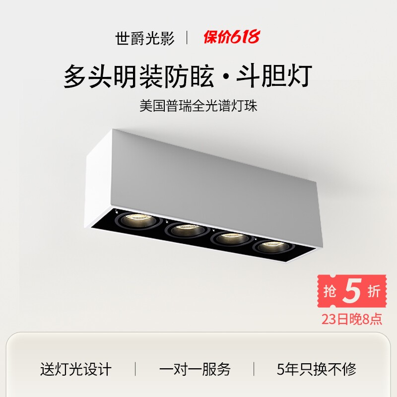 led明装射灯长方形三头四头斗胆灯高显色极简客厅无主灯吸顶筒灯