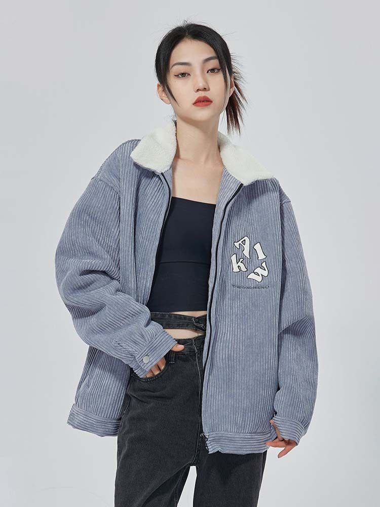 Alonely walk淡蓝色外套秋冬季男女宽松刺绣休闲加厚夹克HLYSTORE
