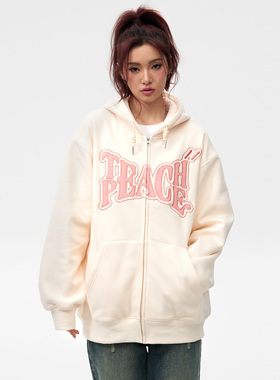 Teach Peace基础字母刺绣开衫卫衣宽松情侣帽衫外套春季HLYSTORE