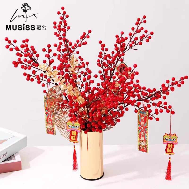 冬青红果假花发财果年宵花福桶插花仿真花摆设材料新年装饰花摆件