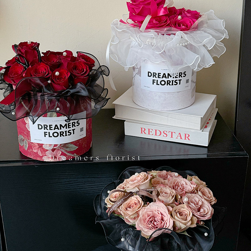 新款抱抱桶桃花插花桶圆形鲜花礼盒玫瑰花束礼物盒花艺花店包装盒