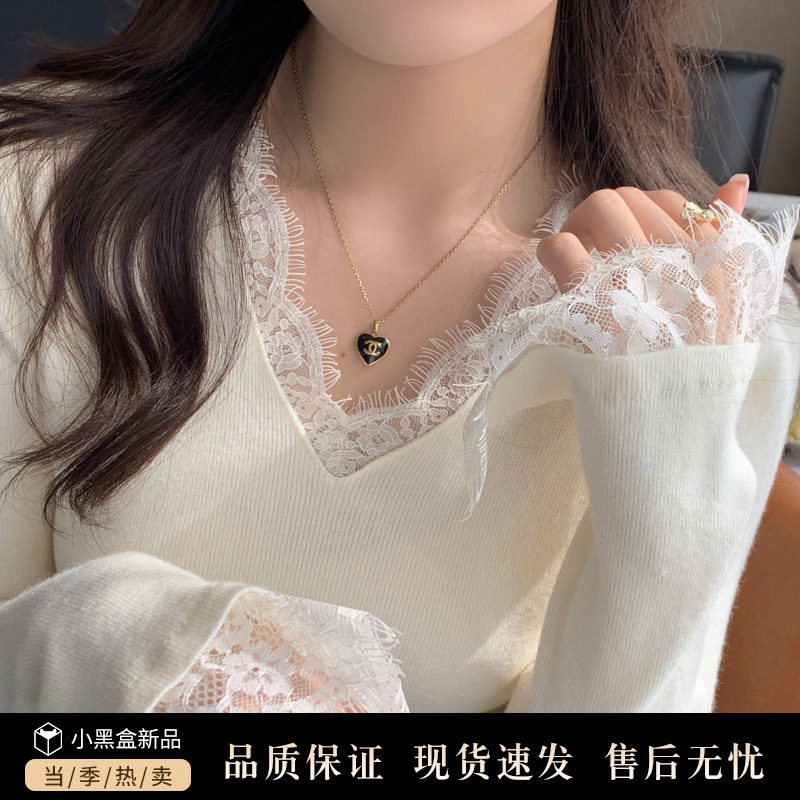 白色V领蕾丝打底衫女内搭2025秋冬新款法式薄款毛衣别致针织上衣,女装/女士精品,毛针织衫,淘宝优惠券,粉丝福利购,淘宝优惠卷