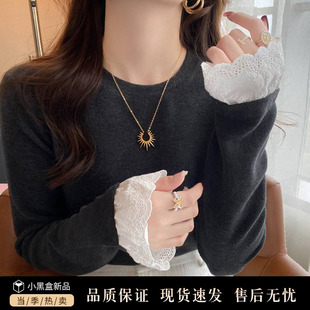 灰色磨毛拼接长袖T恤女2025秋冬季新款打底衫设计感蕾丝加绒上衣