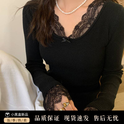 黑色蕾丝花边针织加绒上衣