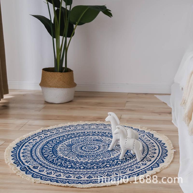北欧民族风圆形地垫毯客厅手工编织卧室床边毯卧室玄关圆进门垫