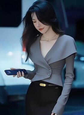 ROUMIKL优雅风灰色斗篷衬衫长袖女新款早秋季气质知性掐腰显瘦外