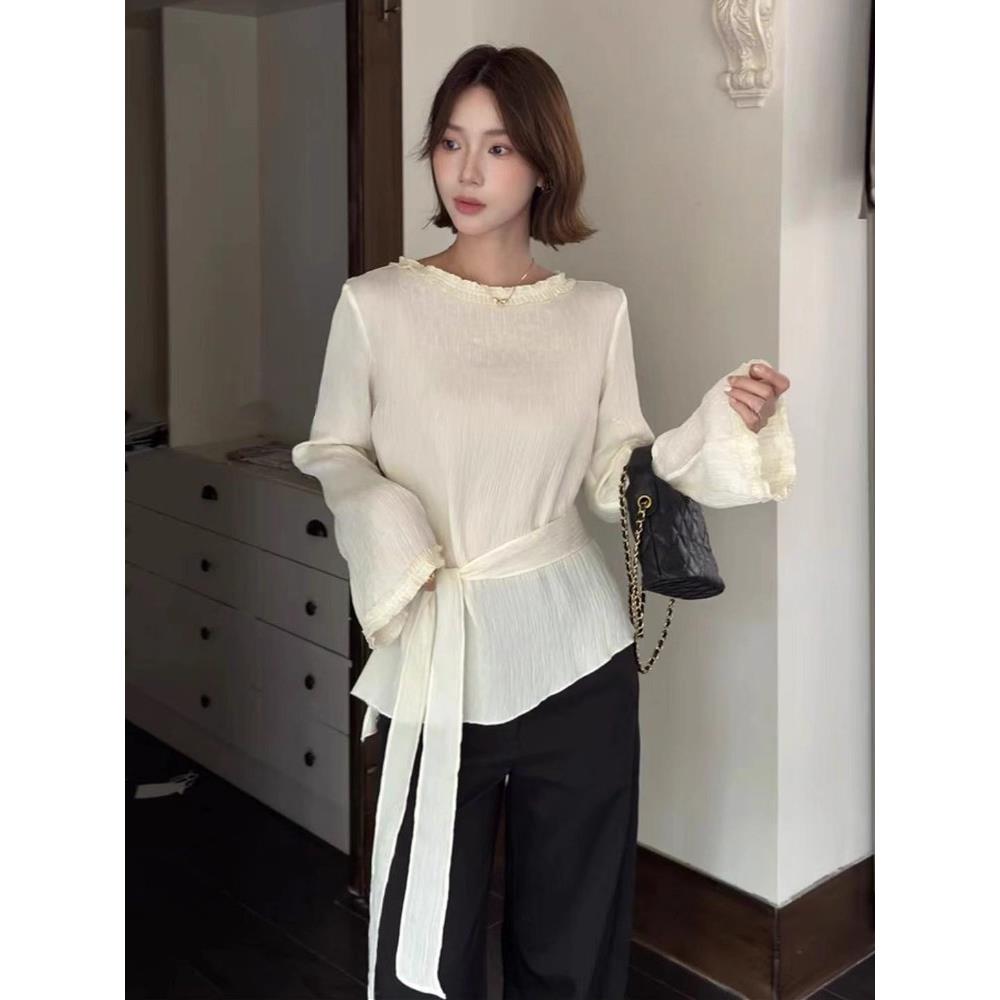 ROUMIKL设计感褶皱肌理感绑带长袖衬衫女早秋季不规则下摆开叉气